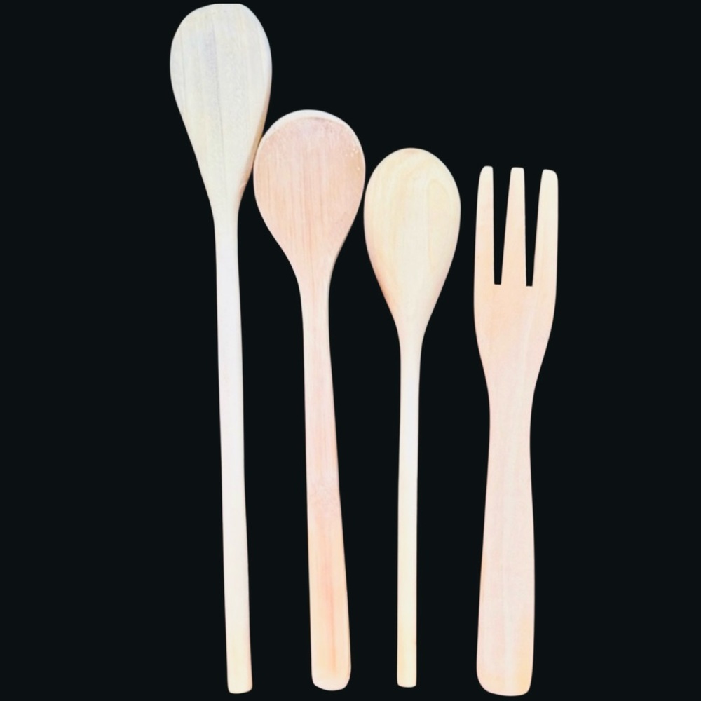 VINTAGE Serving Utensils Wooden Spoon Fork Set - 3 Spoons 1 Wood Fork